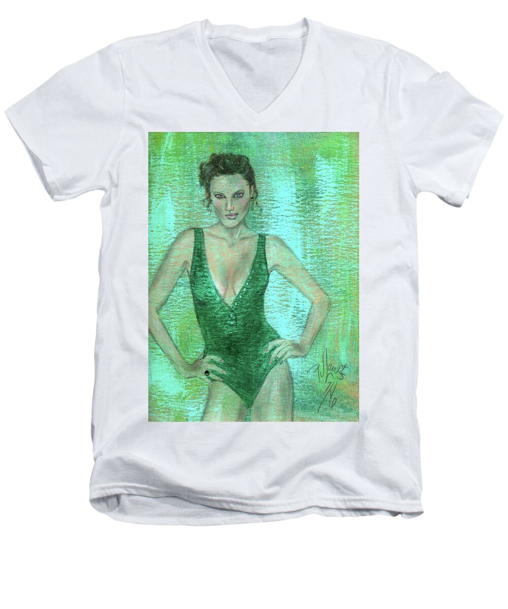 Swimsuit Men's V-Neck T-Shirt featuring the painting Emerald Greem by PJ Lewis