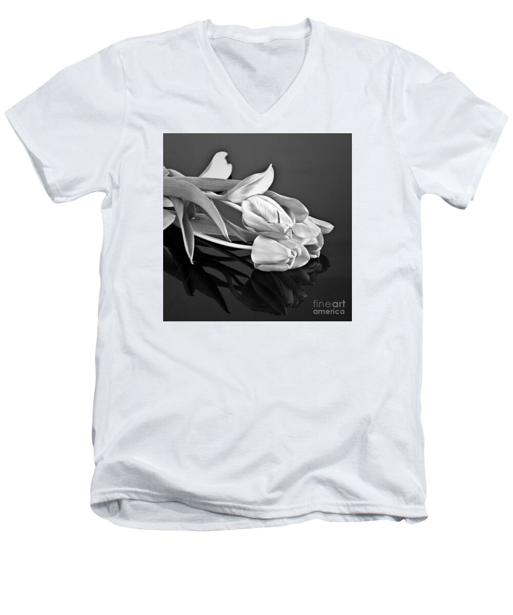 Tulips Men's V-Neck T-Shirt featuring the photograph Even Tulips are Beautiful in Black and White by Sherry Hallemeier