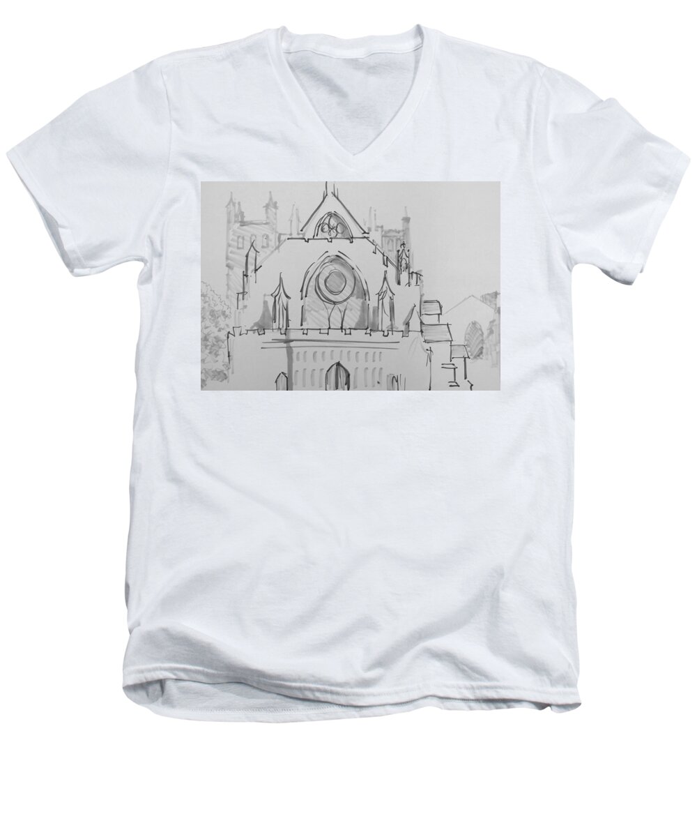 Exeter Men's V-Neck T-Shirt featuring the drawing Exeter Cathedral by Mike Jory