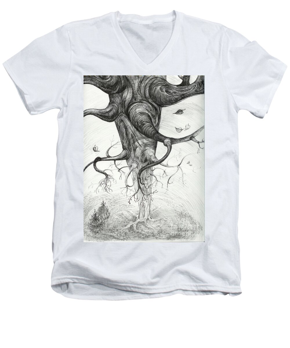 Pen And Ink Men's V-Neck T-Shirt featuring the drawing Fall by Anna Duyunova