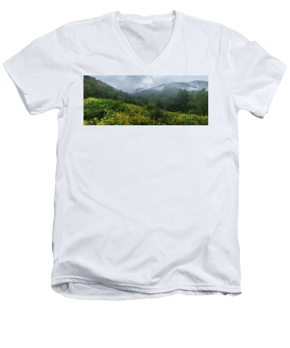 Appalachia Men's V-Neck T-Shirt featuring the photograph Fall Mountain Pano by Jurgen Lorenzen
