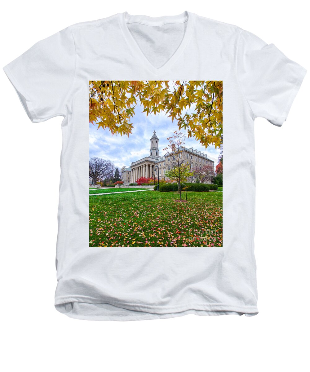 Autumn Men's V-Neck T-Shirt featuring the photograph Fall Splendor, Old Main, University Park, Pennsylvania by Steve Vallotton