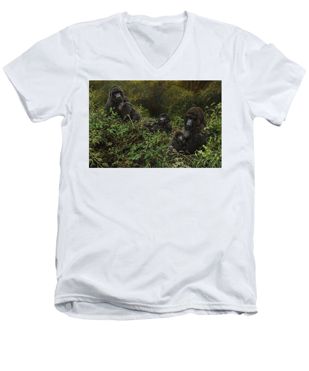 Mountain Gorillas Men's V-Neck T-Shirt featuring the painting Family of Gorillas by Alan M Hunt
