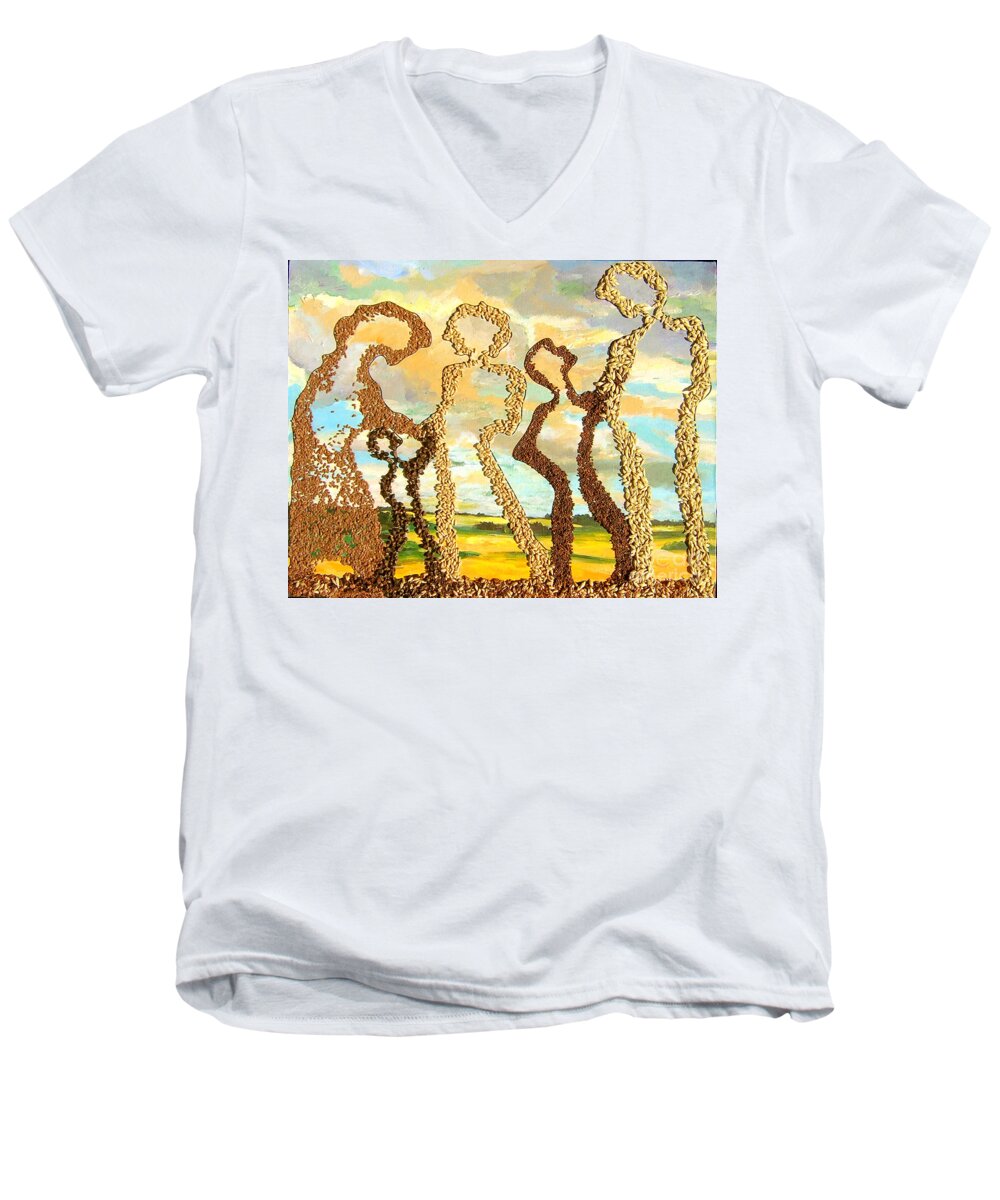 Mixed Media Of Grains Grown In The Prairies Collaged On An Acrylic Painting Men's V-Neck T-Shirt featuring the painting Farm Family by Naomi Gerrard