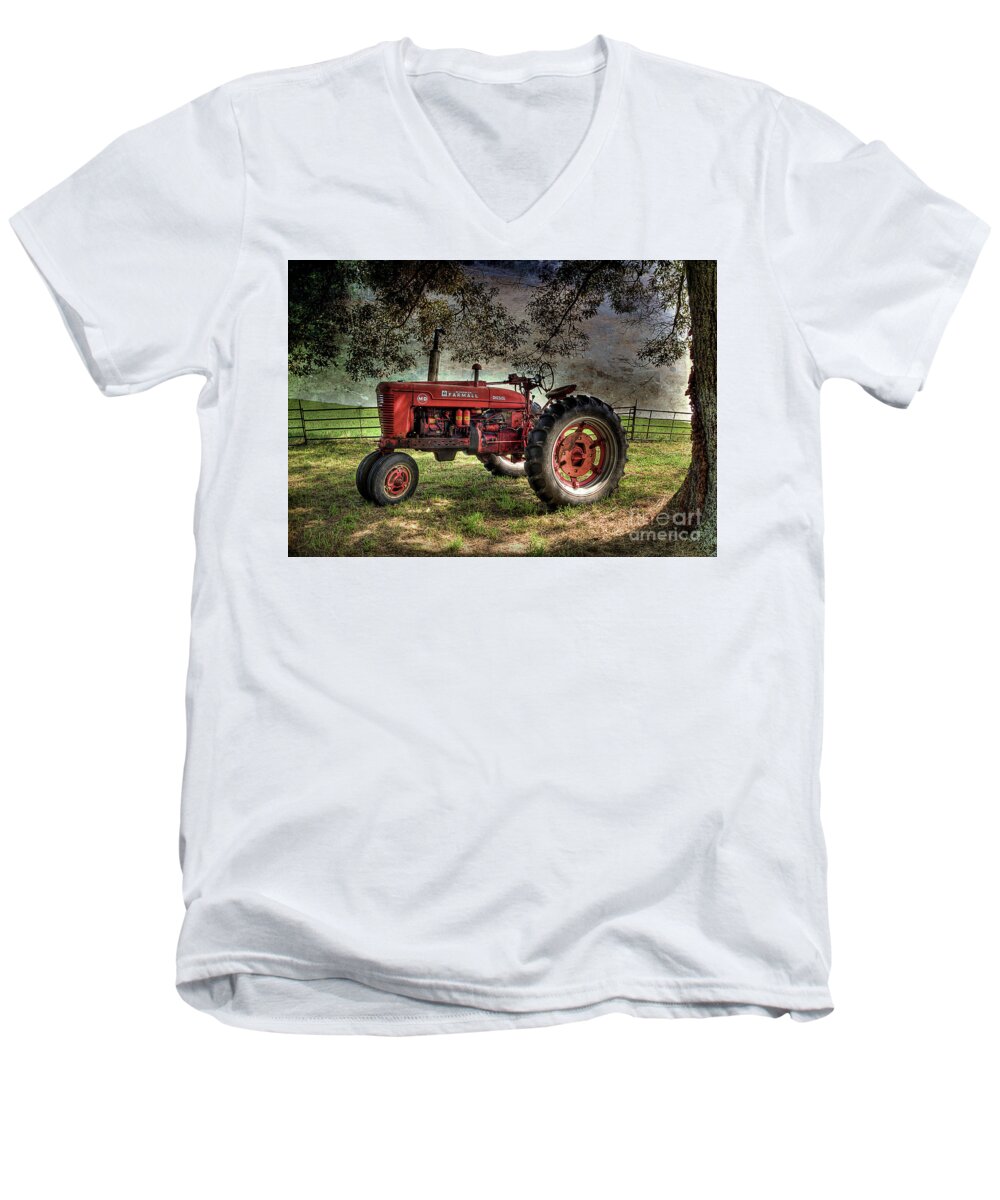 Farmall Tractor Men's V-Neck T-Shirt featuring the photograph Farmall In The Field by Michael Eingle