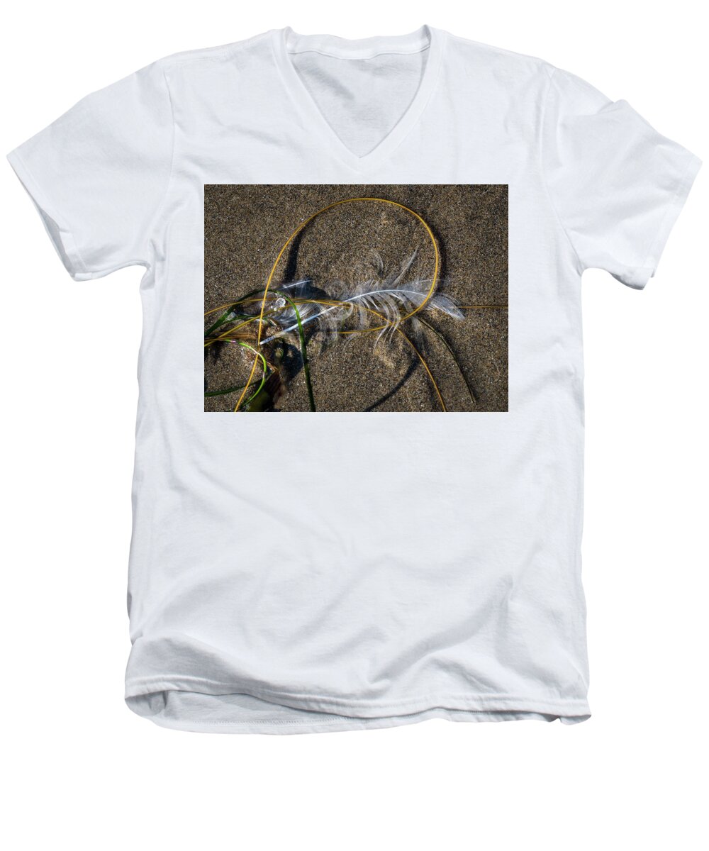 Beach Men's V-Neck T-Shirt featuring the photograph Feathers and Seaweed on the Beach by Robert Potts