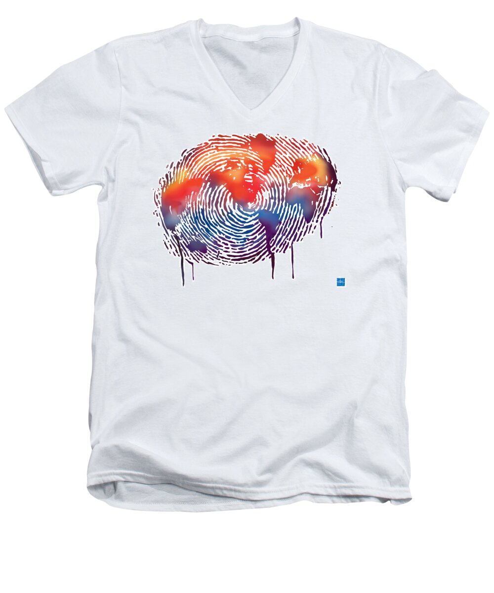 Map Men's V-Neck T-Shirt featuring the painting Finger print map of the world by Sassan Filsoof