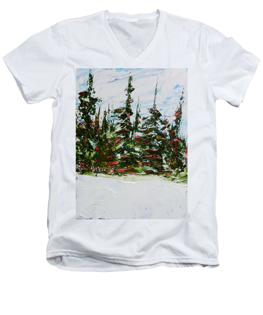 Abstract Landscape Painting Men's V-Neck T-Shirt featuring the painting Fir Trees - Spring Thaw by Desmond Raymond
