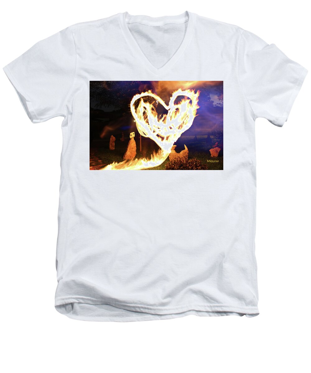 Lightpainting Men's V-Neck T-Shirt featuring the photograph Fire Heart by Andrew Nourse