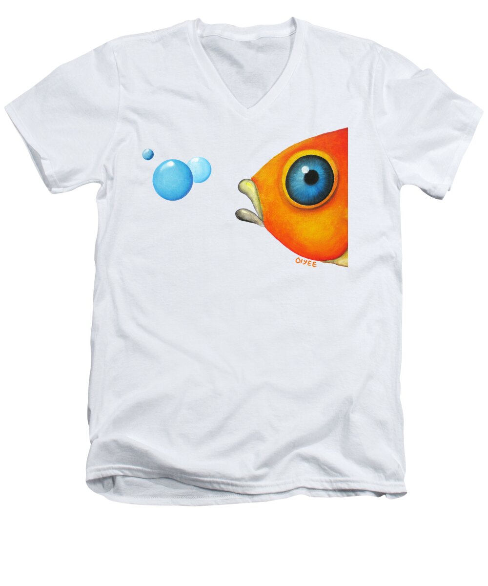Fish Tshirt Men's V-Neck T-Shirt featuring the painting Fish Bubbles by Oiyee At Oystudio