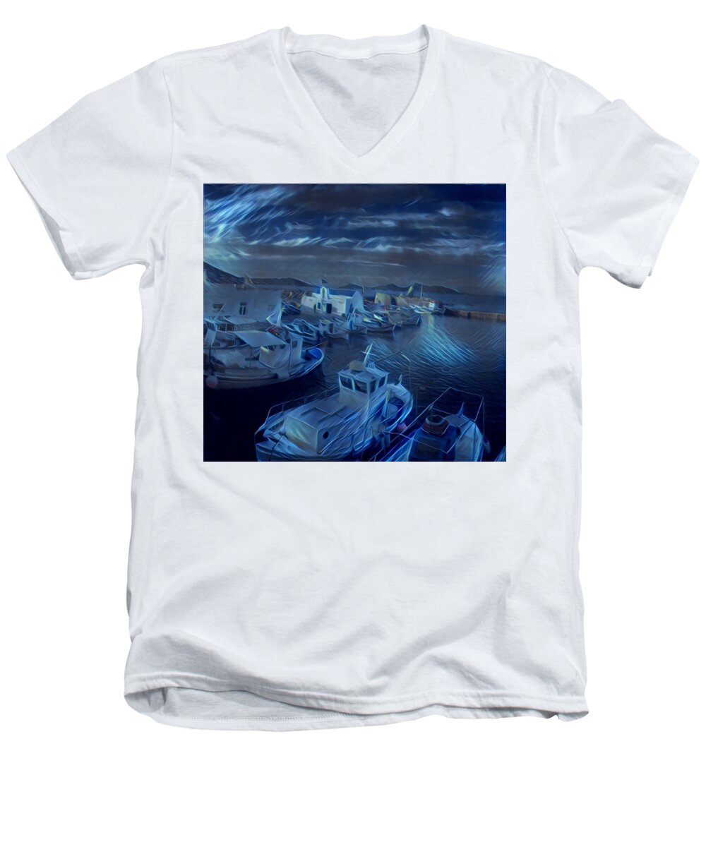 Colette Men's V-Neck T-Shirt featuring the photograph Fish harbour Paros Island Greece by Colette V Hera Guggenheim