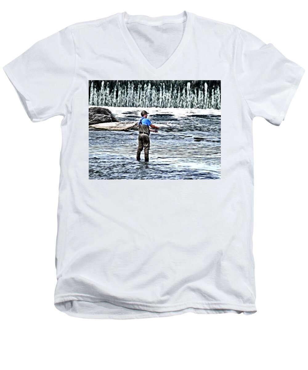 River Men's V-Neck T-Shirt featuring the photograph Fisherman on the River by Deborah Kunesh