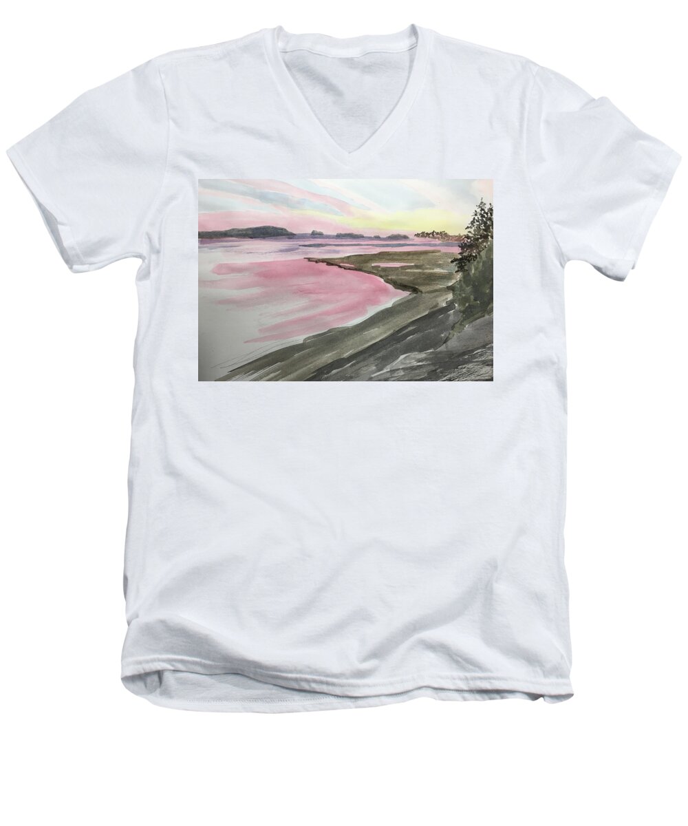 Five Islands Men's V-Neck T-Shirt featuring the painting Five Islands - watercolor sketch by Joel Deutsch