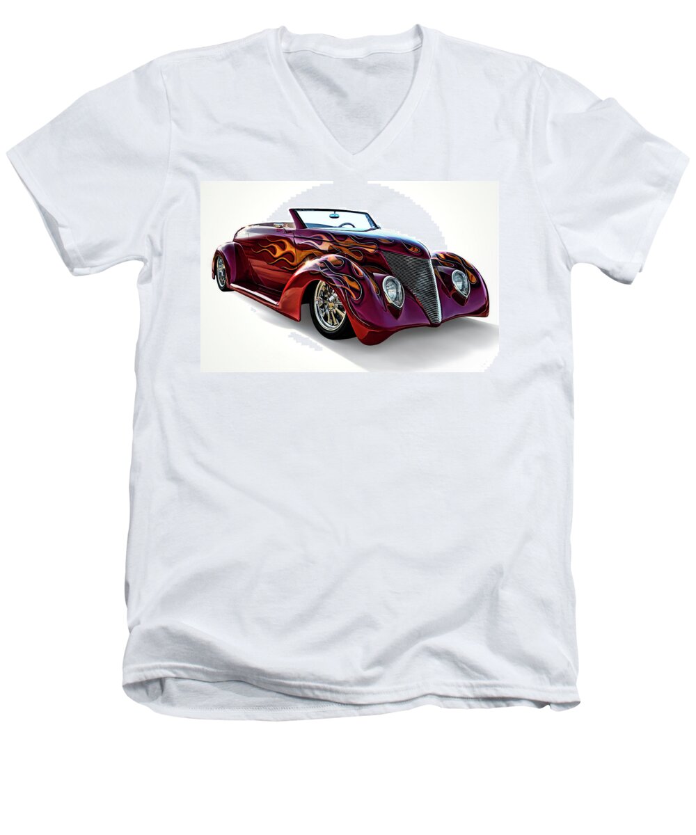 Vintage Men's V-Neck T-Shirt featuring the digital art Flamin' Red Roadster by Douglas Pittman