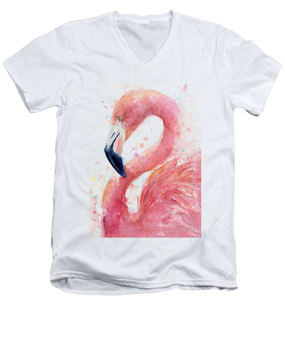 Flamingo Men's V-Neck T-Shirt featuring the painting Flamingo Watercolor Painting by Olga Shvartsur