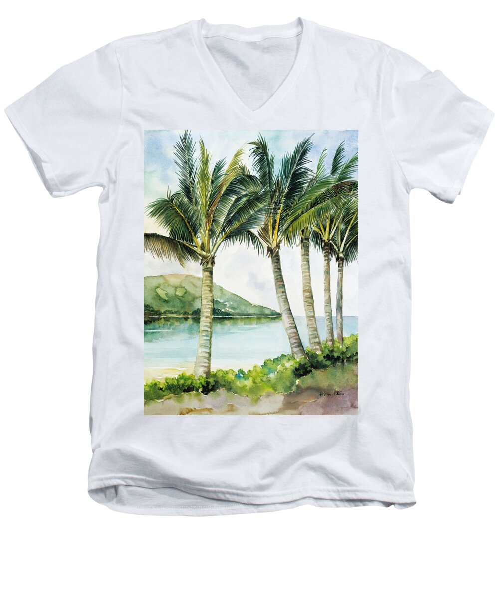 Palm Tree Men's V-Neck T-Shirt featuring the painting Flapping Palm Trees by Han Choi - Printscapes