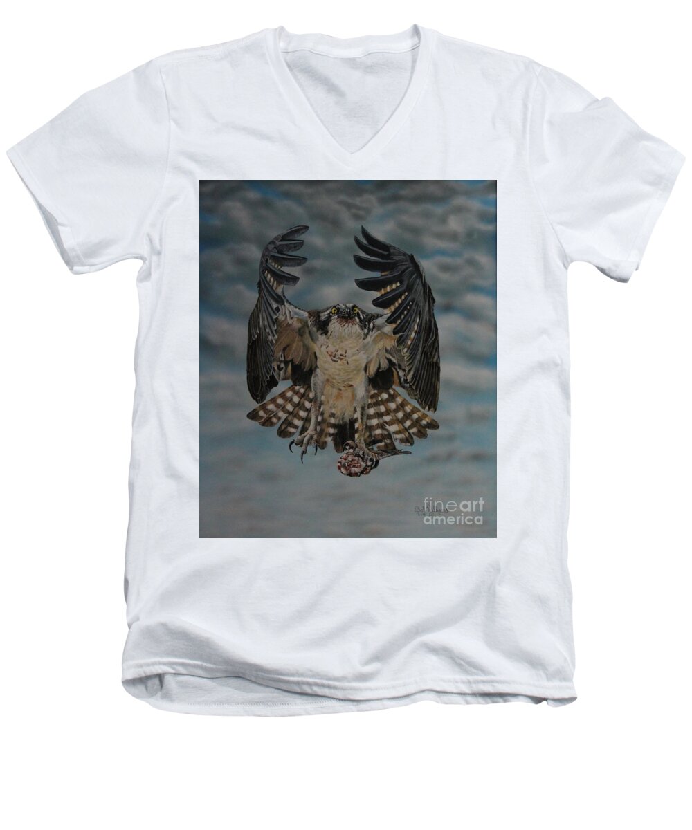 Osprey Men's V-Neck T-Shirt featuring the painting Fleck the Osprey by Bob Williams