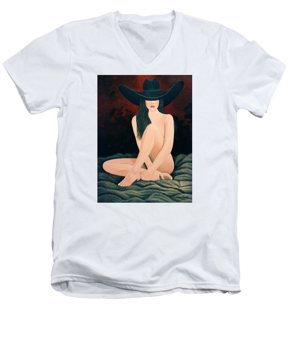 Cowgirl On Fur Men's V-Neck T-Shirt featuring the painting Flesh On Fur by Lance Headlee