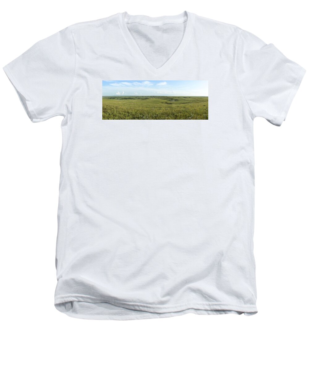 Flint Hills; Kansas; Kansas Prairie; Wide Open Spaces; Kansas's Flint Hills; Green Grass Of Home; Room To Breathe; The Open Prairie; The Open Road; Original Prairie;  Men's V-Neck T-Shirt featuring the photograph Flint Hills by Betty Morgan