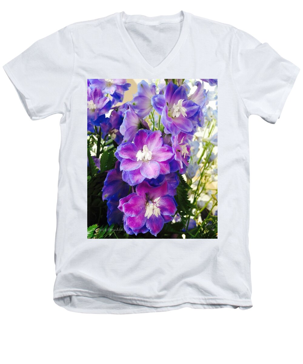 Flowers Men's V-Neck T-Shirt featuring the photograph Floral Purple Blue Delphiniums by Christine McCole