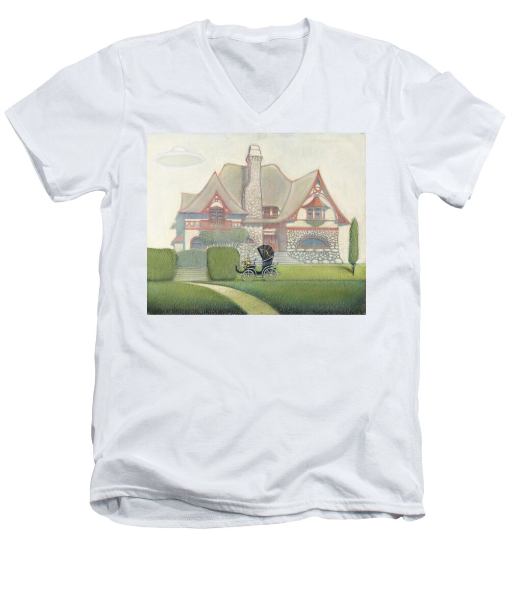Bizarre House Men's V-Neck T-Shirt featuring the painting Flying Saucer by John Reynolds