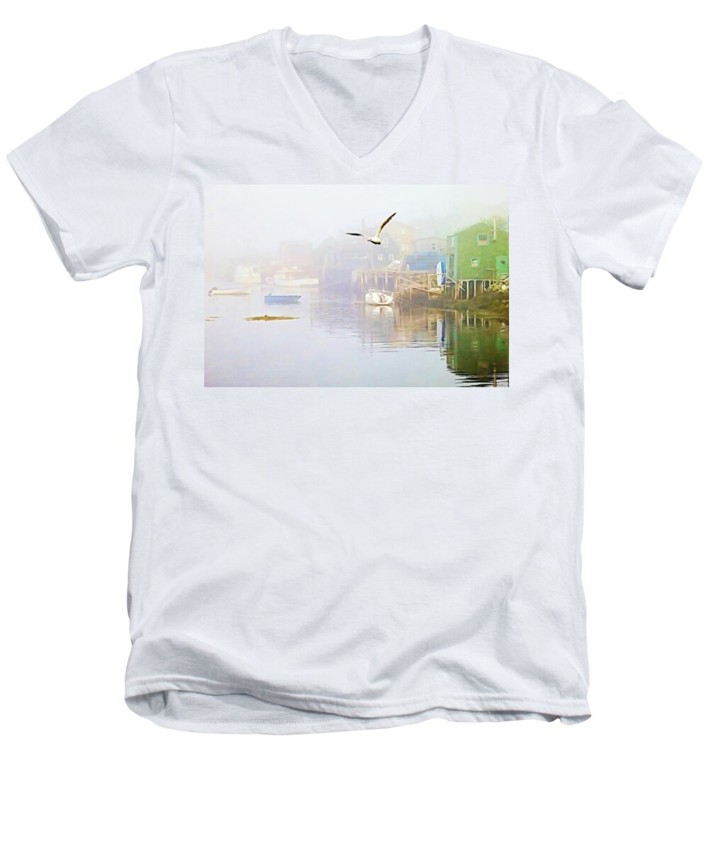 Fog Men's V-Neck T-Shirt featuring the mixed media Fog over West Dover - Digital Paint by Tatiana Travelways