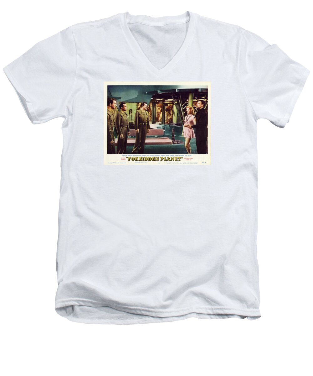 Forbidden Planet Men's V-Neck T-Shirt featuring the photograph Forbidden Planet in CinemaScope retro classic movie poster indoors by Vintage Collectables