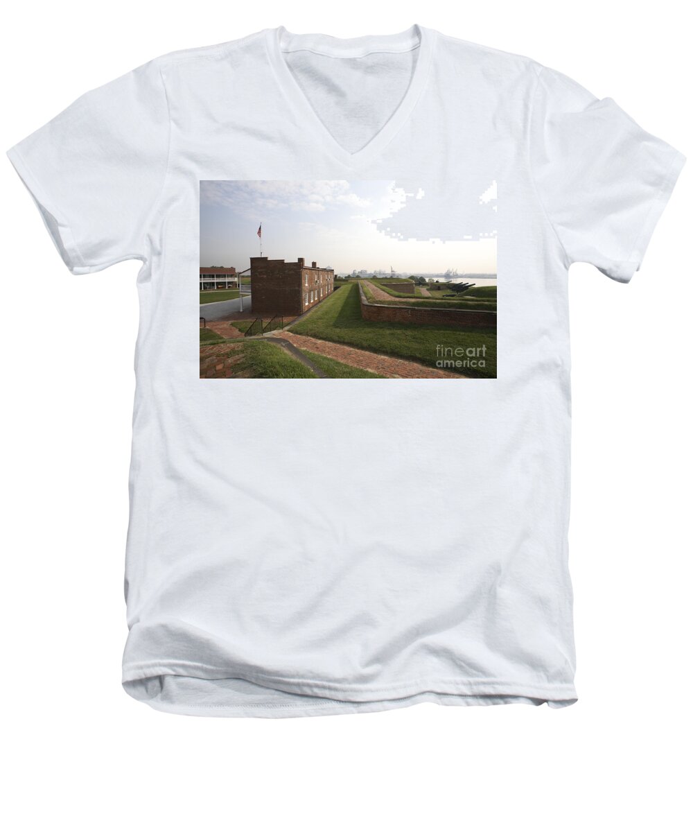 Earthworks Men's V-Neck T-Shirt featuring the photograph Fort McHenry Earthworks and Barracks in Baltimore Maryland by William Kuta