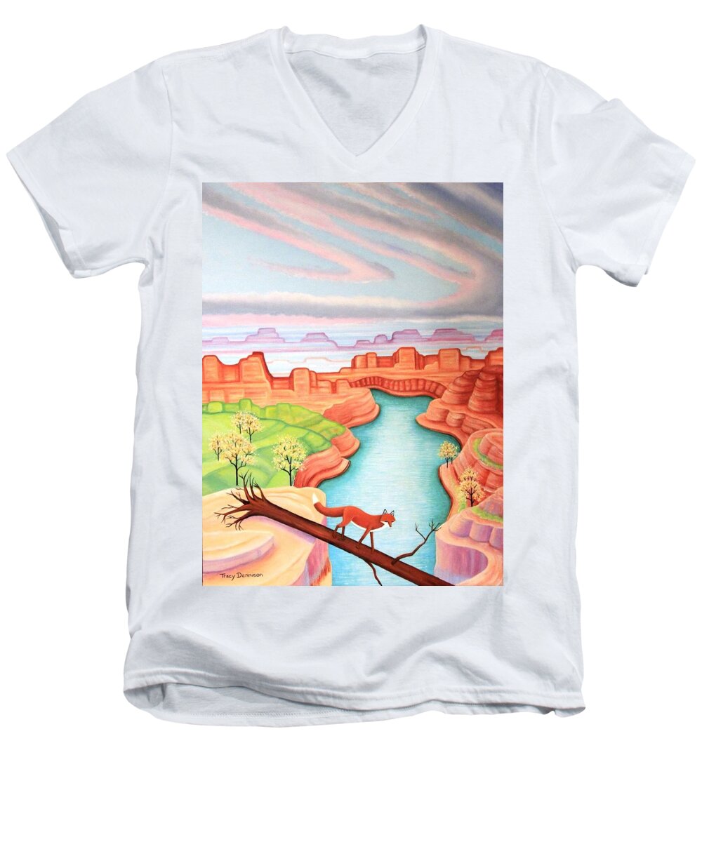 Red Fox Southwest Sunset Men's V-Neck T-Shirt featuring the painting Fox Trotting by Tracy Dennison