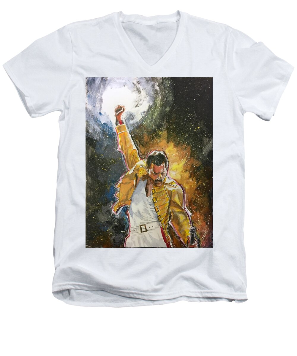 Freddie Mercury Men's V-Neck T-Shirt featuring the painting Freddie by Joel Tesch