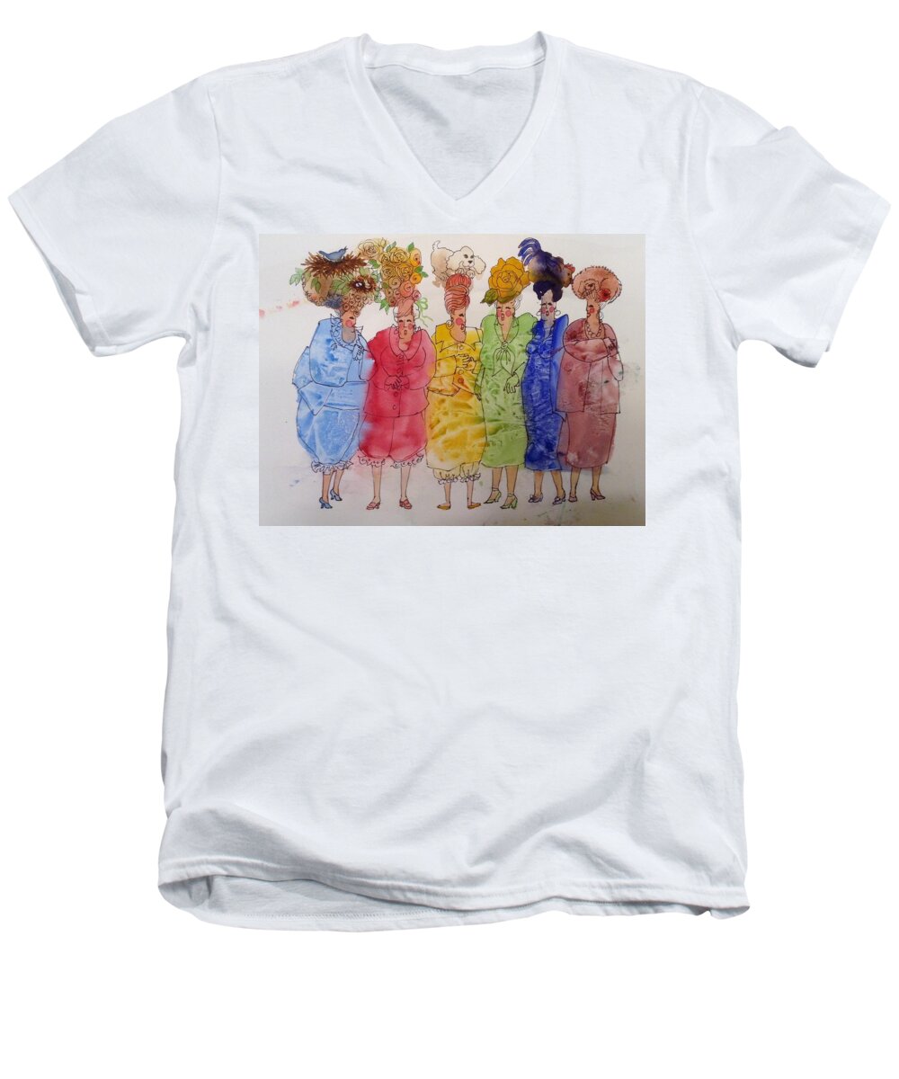 Women Men's V-Neck T-Shirt featuring the painting The Crazy Hat Society by Marilyn Jacobson