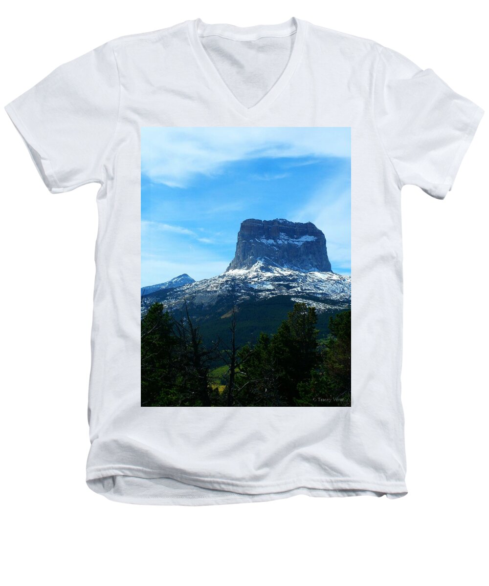 Chief Mountain Men's V-Neck T-Shirt featuring the photograph Frosty Chief Mountain by Tracey Vivar