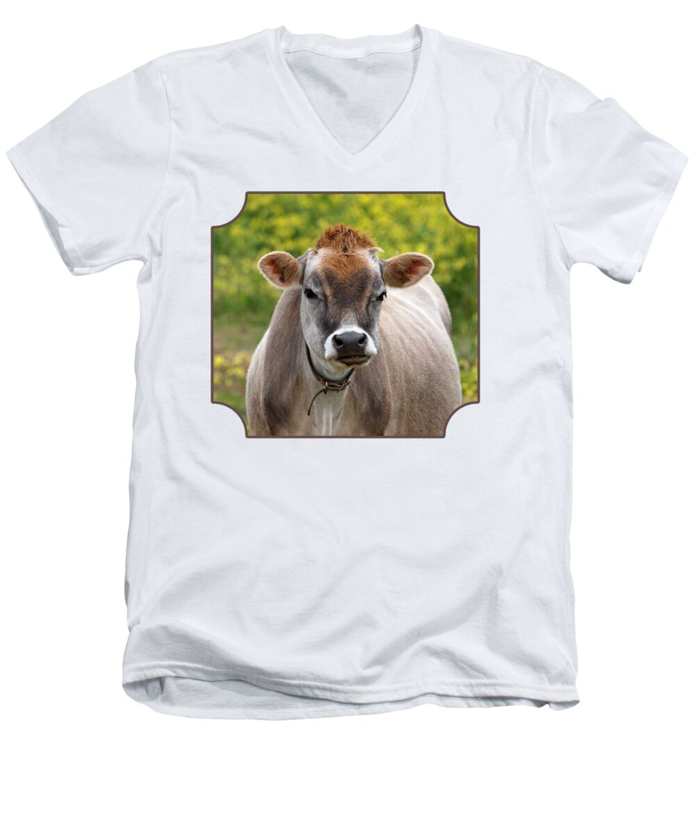 Jersey Cow Men's V-Neck T-Shirt featuring the photograph Funny Jersey Cow - Horizontal by Gill Billington