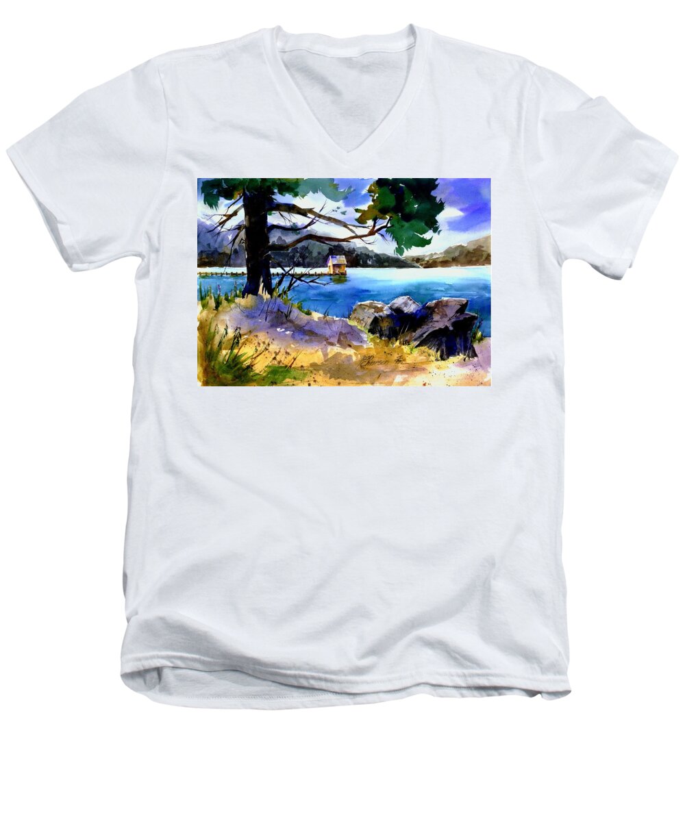 Gatekeeper's Cabin Men's V-Neck T-Shirt featuring the painting Gatekeeper's Tahoe by Joan Chlarson