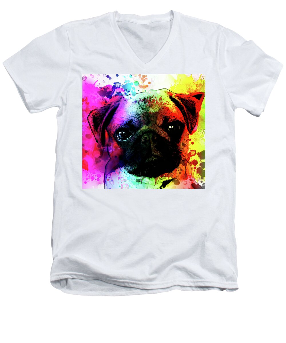 Pug Men's V-Neck T-Shirt featuring the painting Giant Pug Watercolor Print by Robert R Splashy Art Abstract Paintings