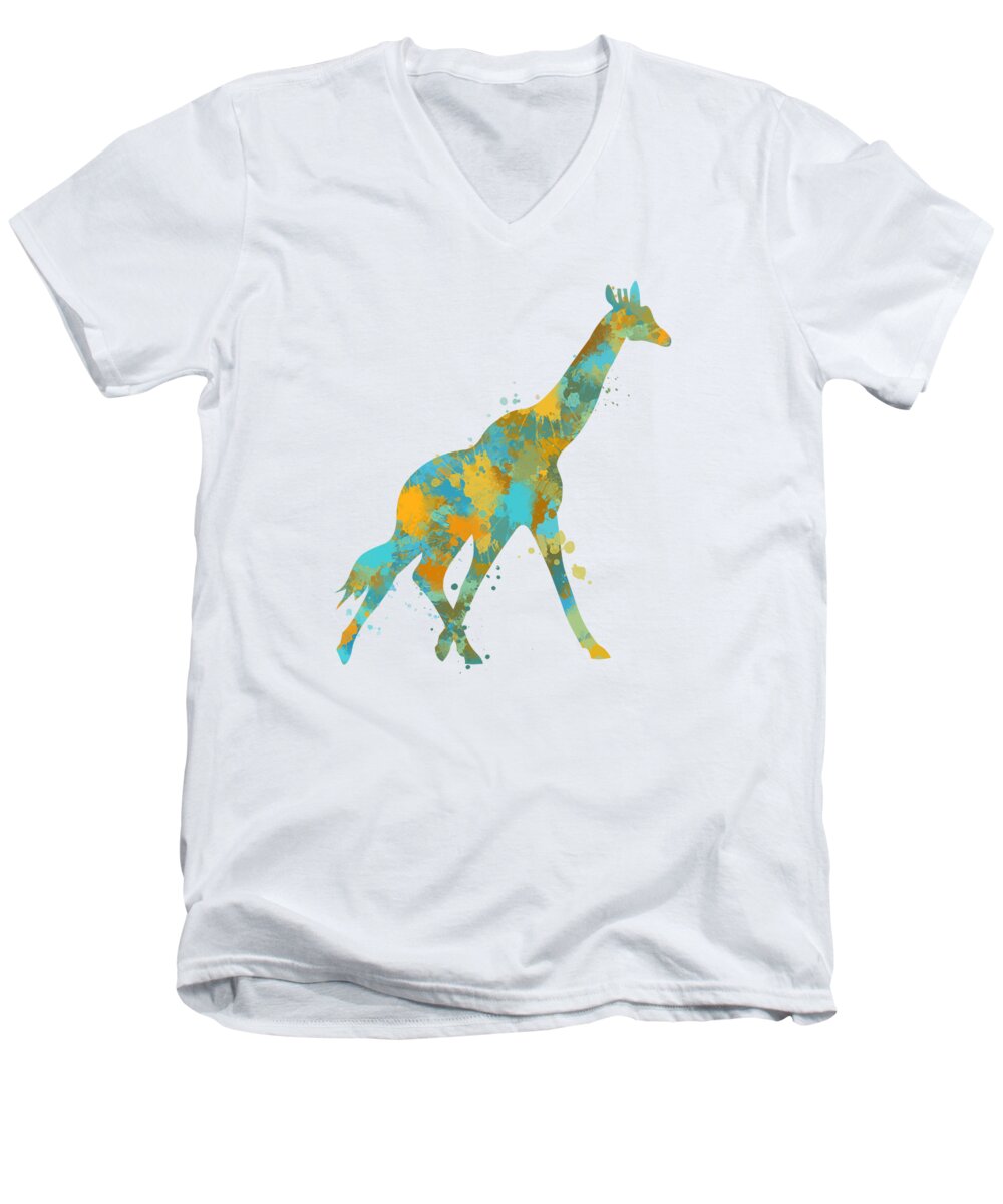 Giraffe Men's V-Neck T-Shirt featuring the mixed media Giraffe Watercolor Art by Christina Rollo