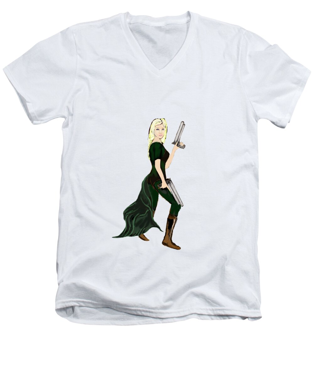 Woman Men's V-Neck T-Shirt featuring the digital art Girl with Guns by Tom Conway