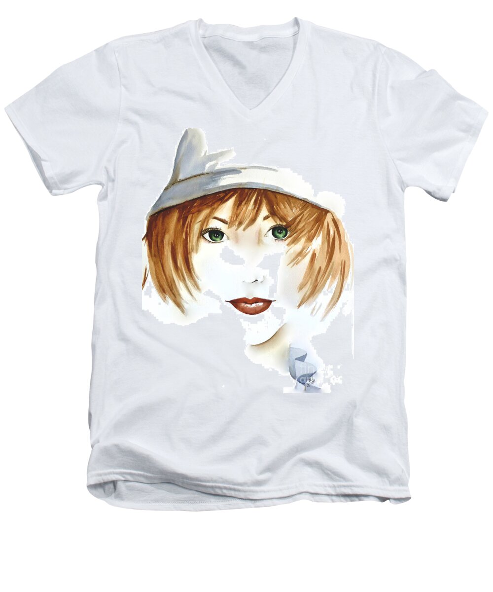 Girl Men's V-Neck T-Shirt featuring the painting Girl with the Cloche Hat by Michal Madison