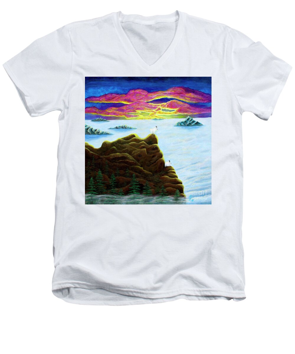Rebecca Men's V-Neck T-Shirt featuring the painting Goats on Dragons by Rebecca Parker
