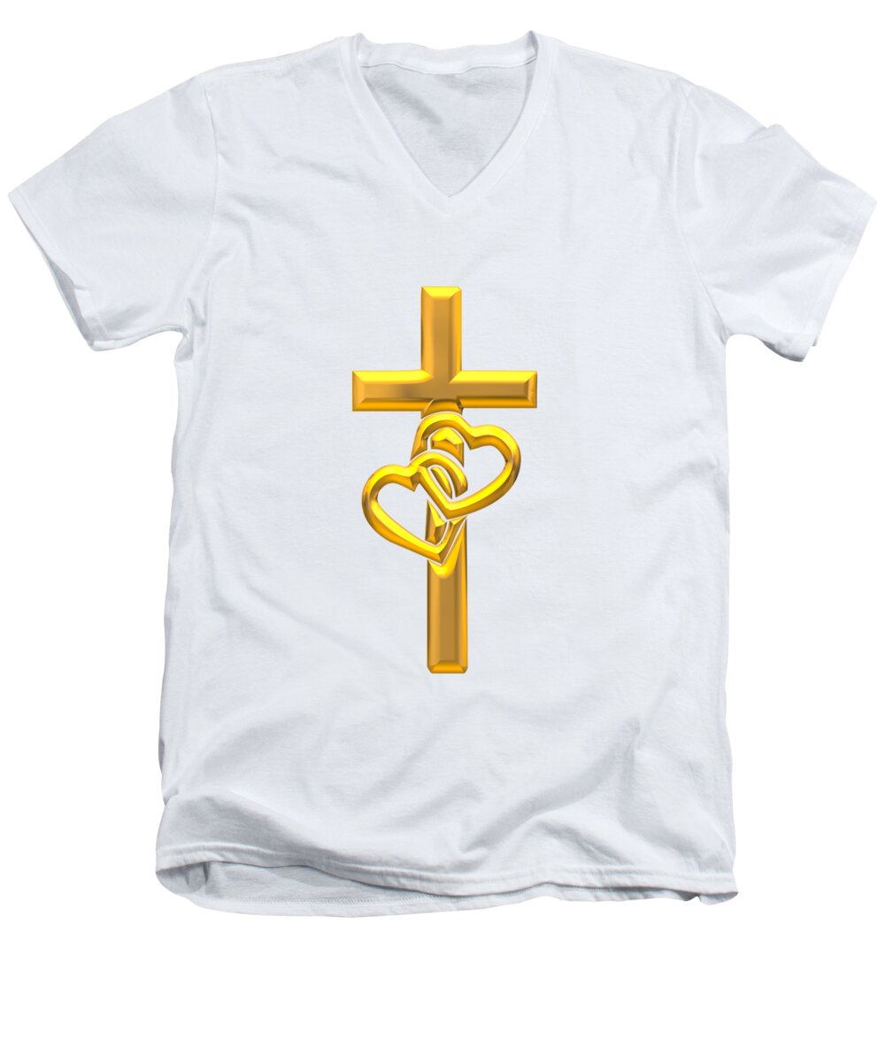 Golden 3d Look Cross With 2 Hearts Men's V-Neck T-Shirt featuring the digital art Golden 3D look Cross with 2 Hearts by Rose Santuci-Sofranko