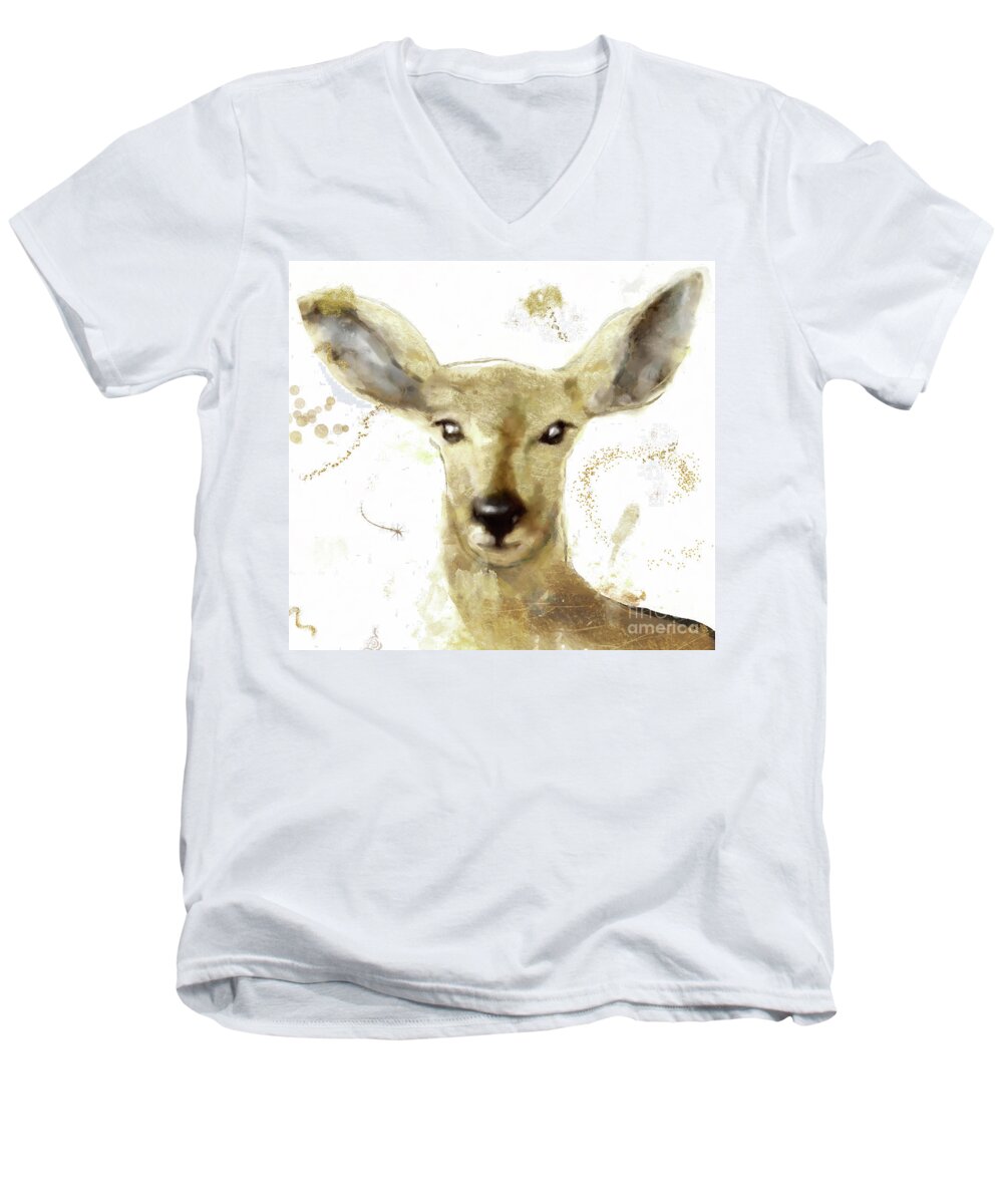 Deer Men's V-Neck T-Shirt featuring the painting Golden Forest Deer by Mindy Sommers