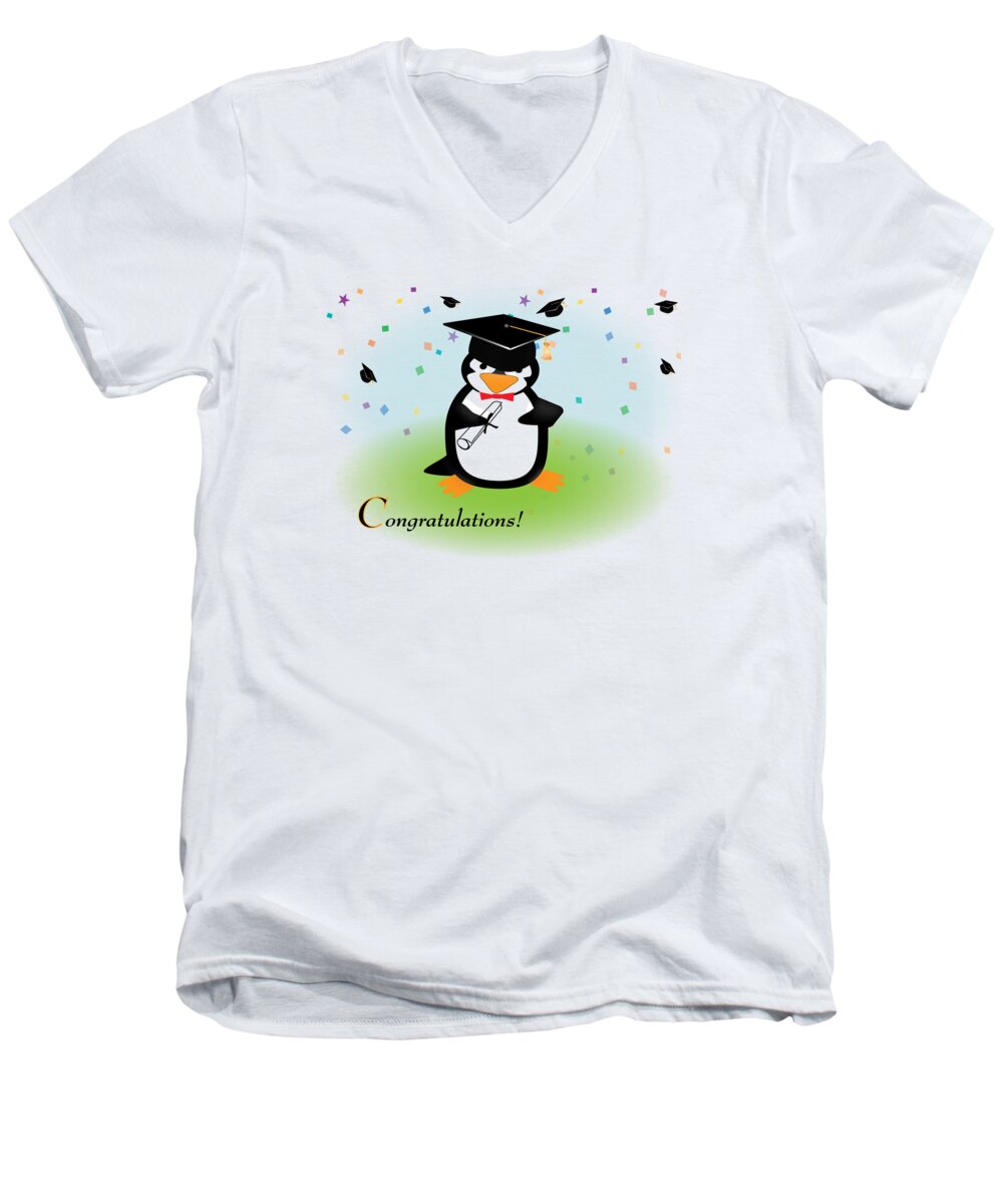Penguins Men's V-Neck T-Shirt featuring the digital art Graduation Penguin by Jane E Rankin