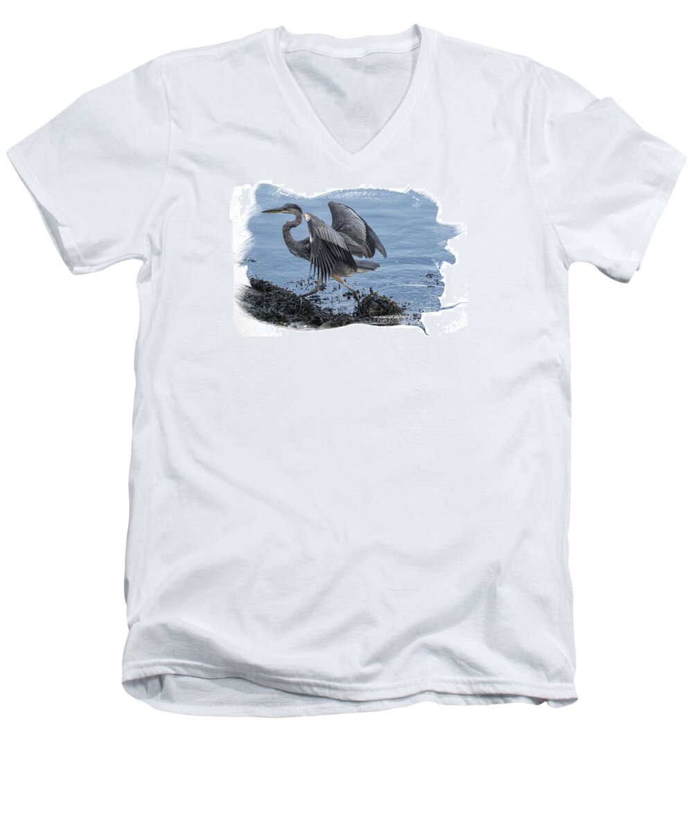 Great Blue Heron Men's V-Neck T-Shirt featuring the photograph Great Blue Heron on Cape Cod Canal 1 by Constantine Gregory