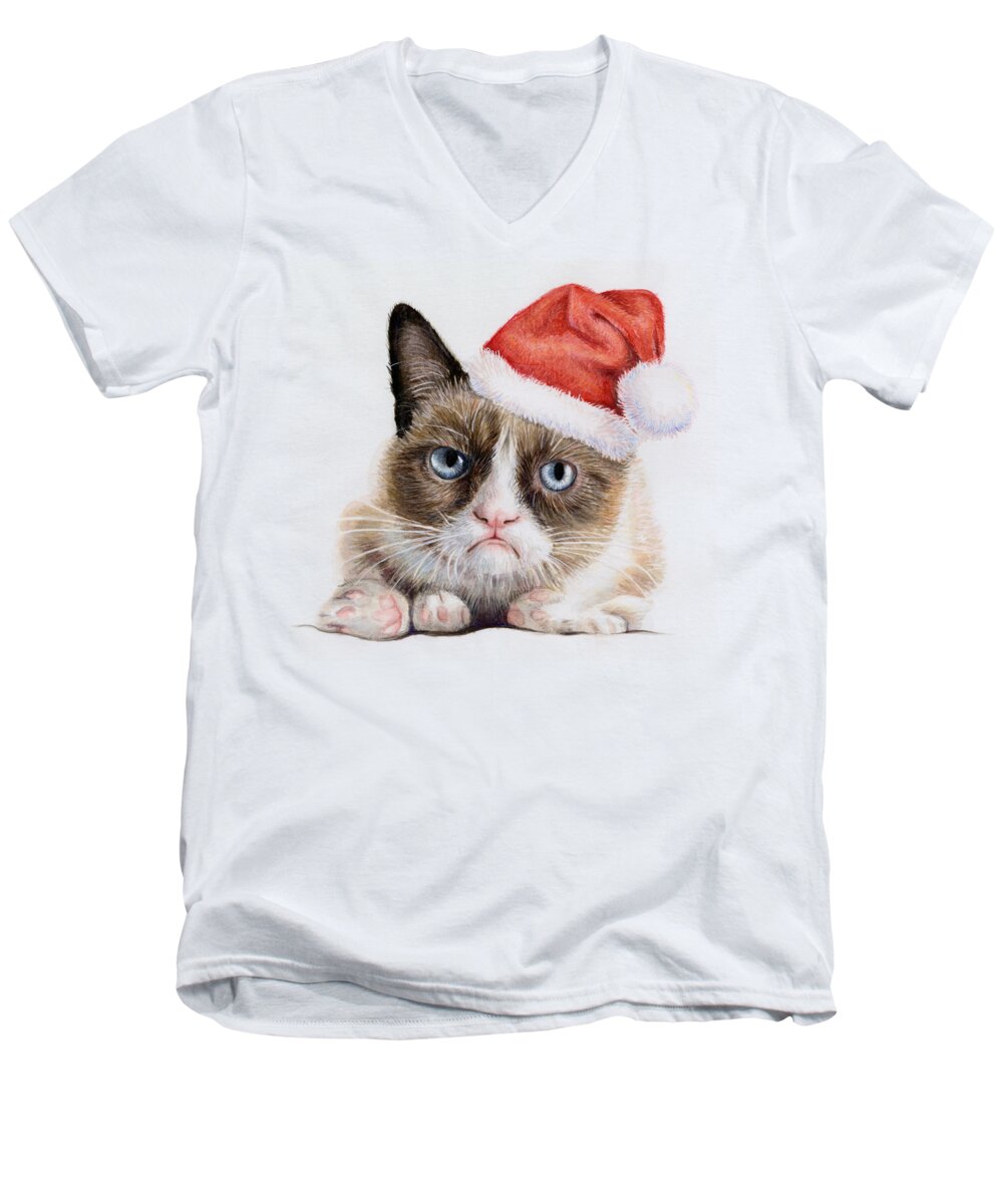 Grumpy Men's V-Neck T-Shirt featuring the painting Grumpy Cat as Santa by Olga Shvartsur
