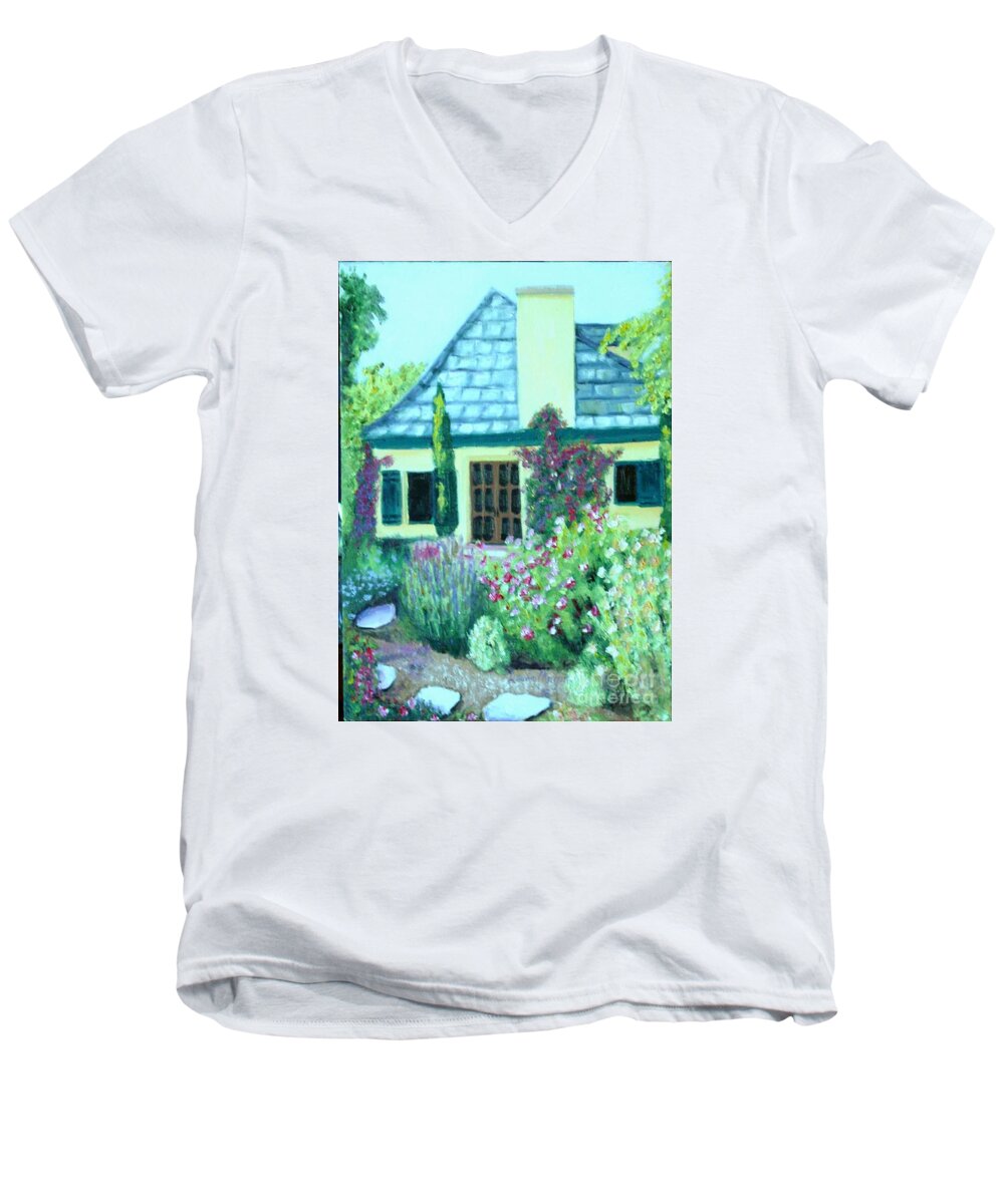 Cottage Men's V-Neck T-Shirt featuring the painting Guest Cottage by Laurie Morgan