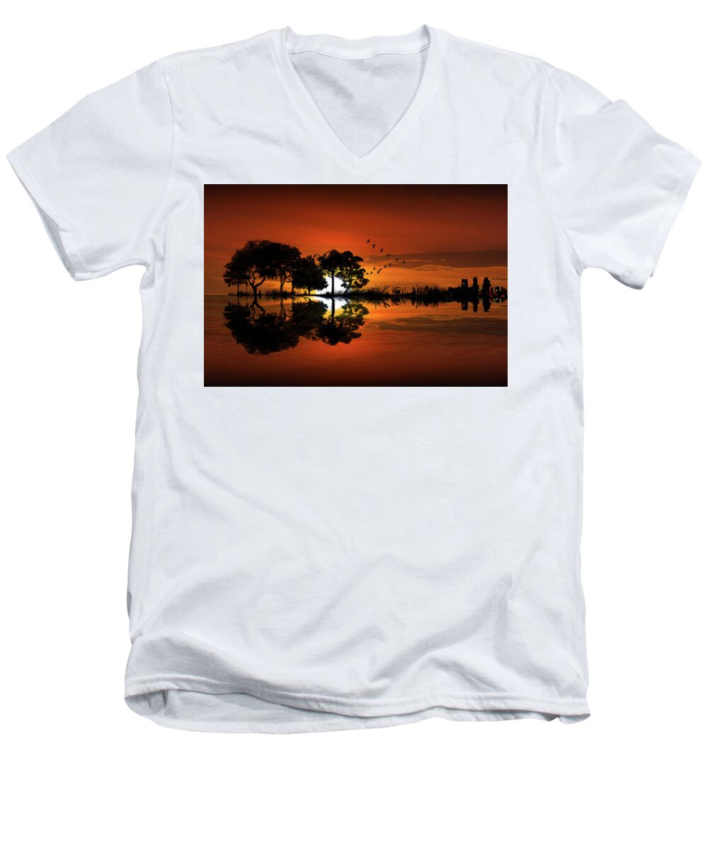 Music Men's V-Neck T-Shirt featuring the photograph Guitar Landscape at Sunset by Randall Nyhof