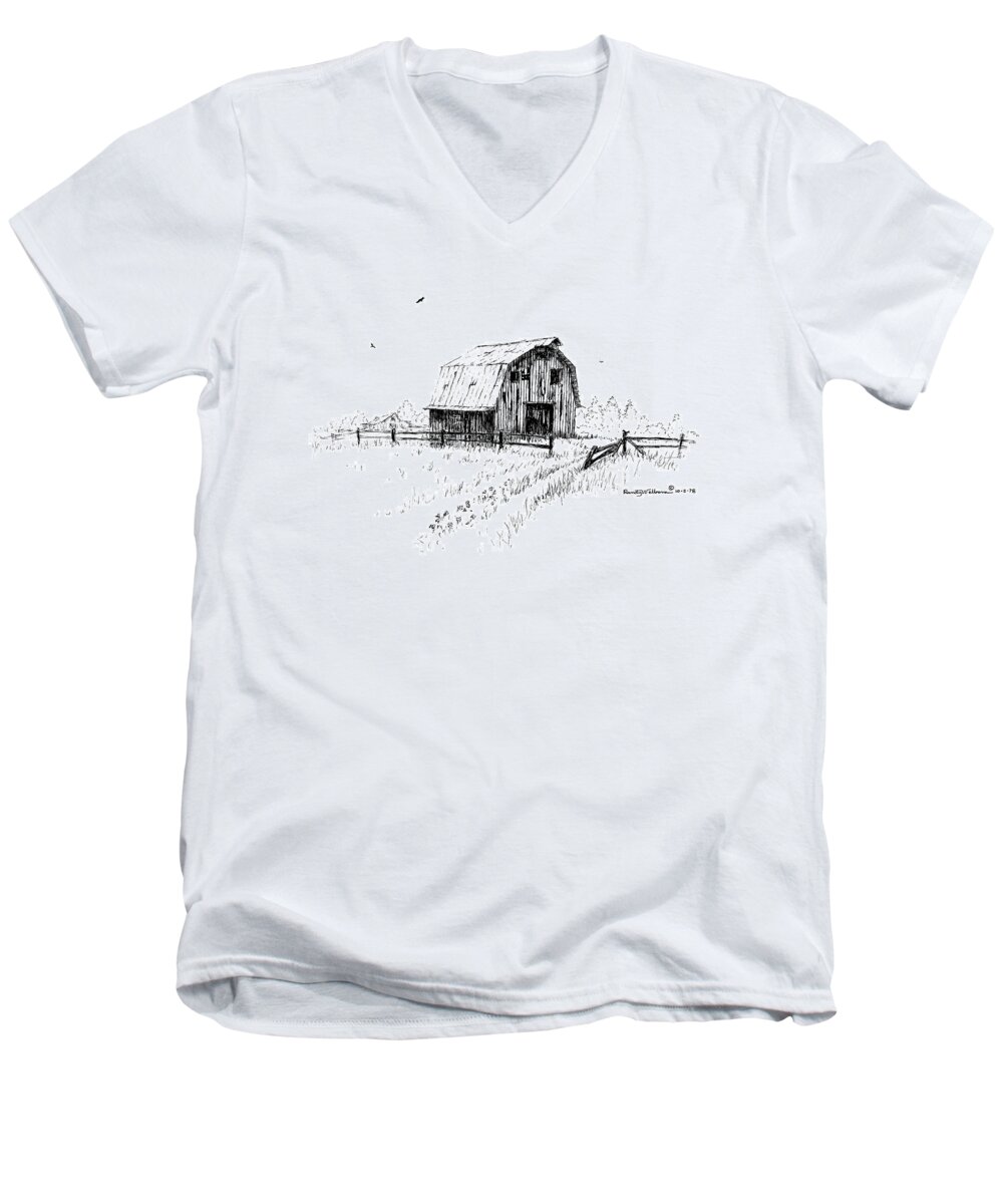Hay Men's V-Neck T-Shirt featuring the drawing Hay Barn with Broken Gate by Randy Welborn