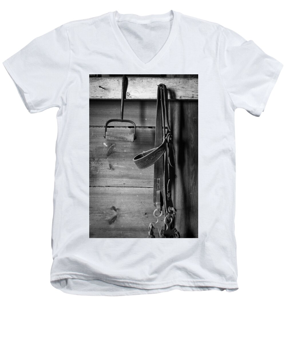 Black And White Men's V-Neck T-Shirt featuring the photograph Hay Hook and Harness by Jeff Phillippi