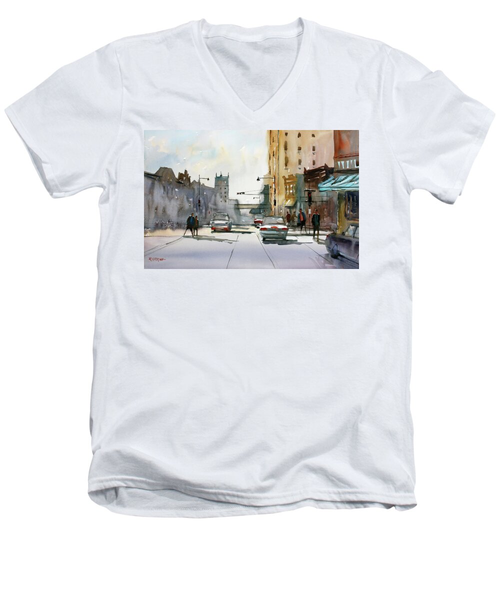 Ryan Radke Men's V-Neck T-Shirt featuring the painting Heading West on College Avenue - Appleton by Ryan Radke