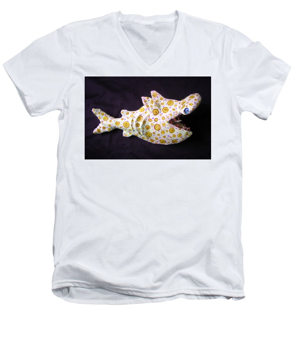 Palmfish Men's V-Neck T-Shirt featuring the mixed media Henry the Hammerhead by Dan Townsend